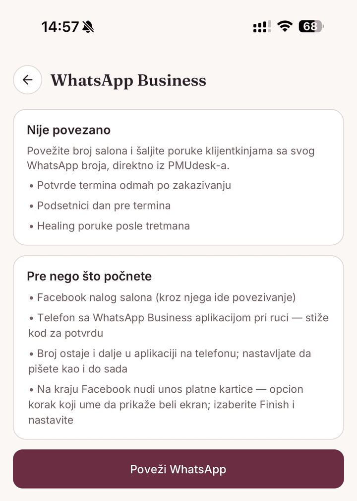 Ekran WhatsApp Business u PMUdesk aplikaciji sa dugmetom Poveži WhatsApp