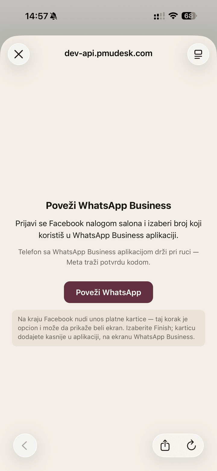 PMUdesk stranica sa dugmetom Poveži WhatsApp