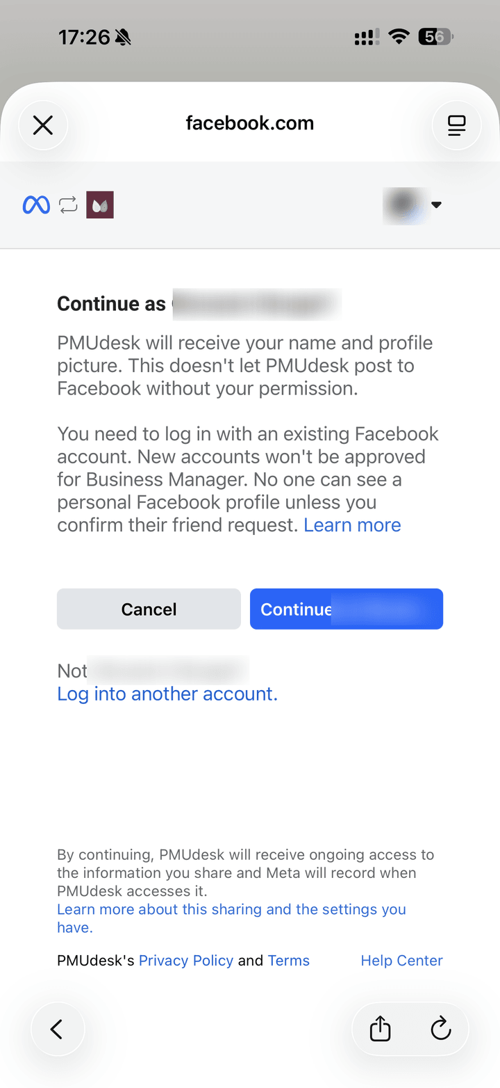 Facebook ekran Continue as sa imenom naloga