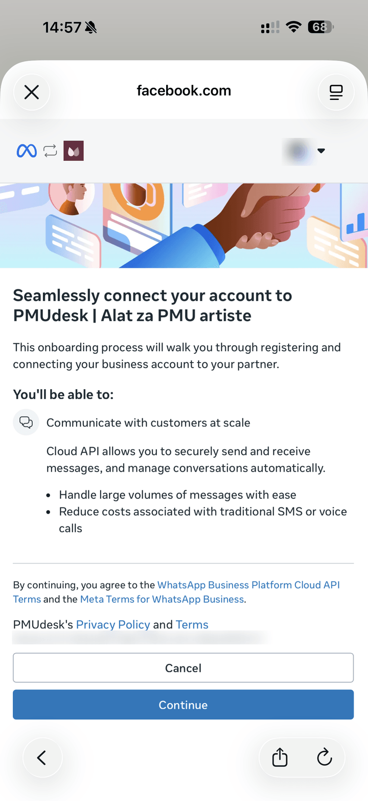 Facebook ekran Seamlessly connect your account to PMUdesk