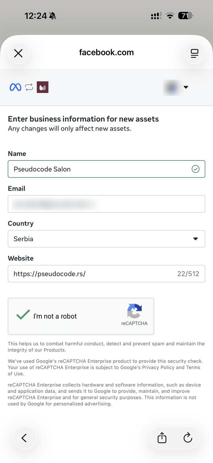 Facebook forma sa imenom, emailom, državom i sajtom salona