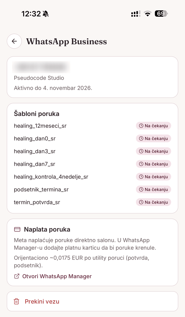 PMUdesk ekran WhatsApp Business posle povezivanja, šabloni Na čekanju