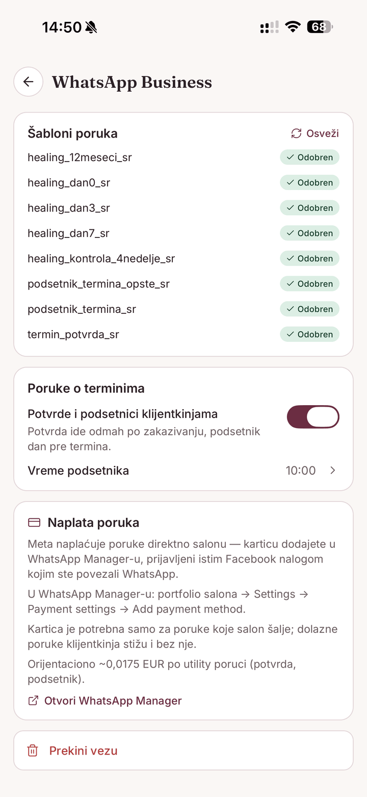 PMUdesk ekran sa odobrenim šablonima, porukama o terminima i naplatom poruka