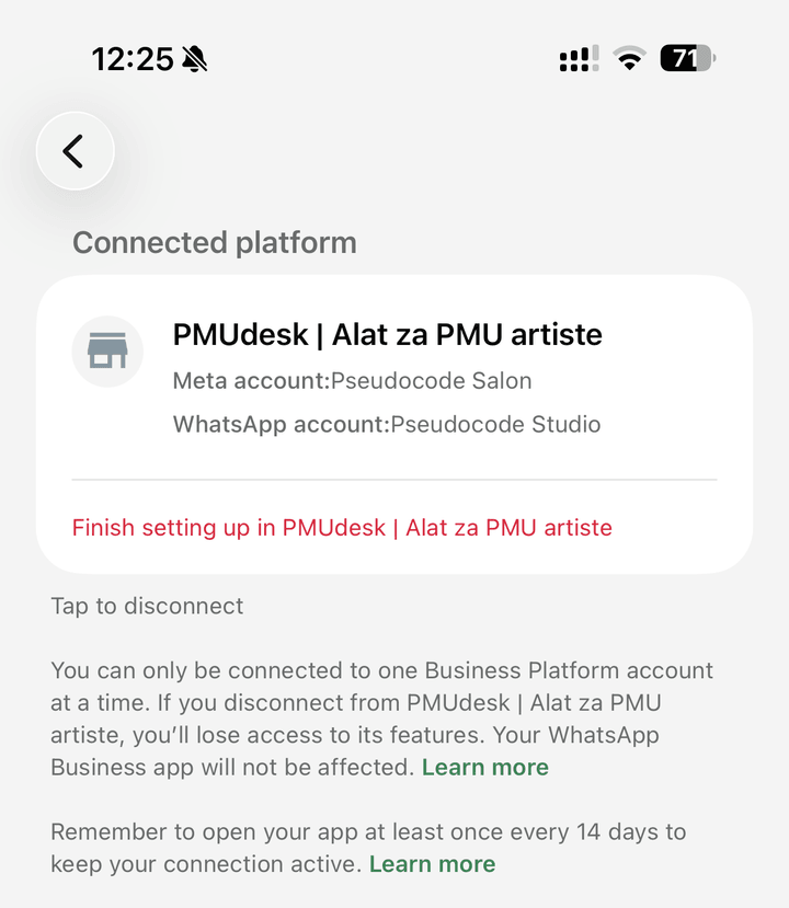 WhatsApp Business aplikacija, ekran Connected platform sa PMUdesk-om