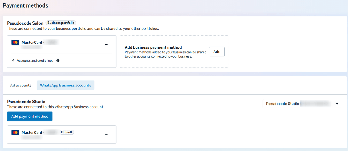 Meta Billing and payments, Payment methods sa tabom WhatsApp Business accounts i dugmetom Add payment method