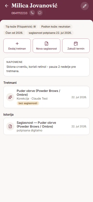 Karton klijenta sa istorijom tretmana i saglasnosti