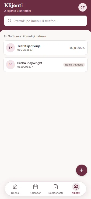 Lista klijenata sa pretragom i sortiranjem