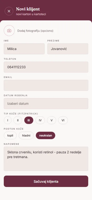 Forma za dodavanje novog klijenta