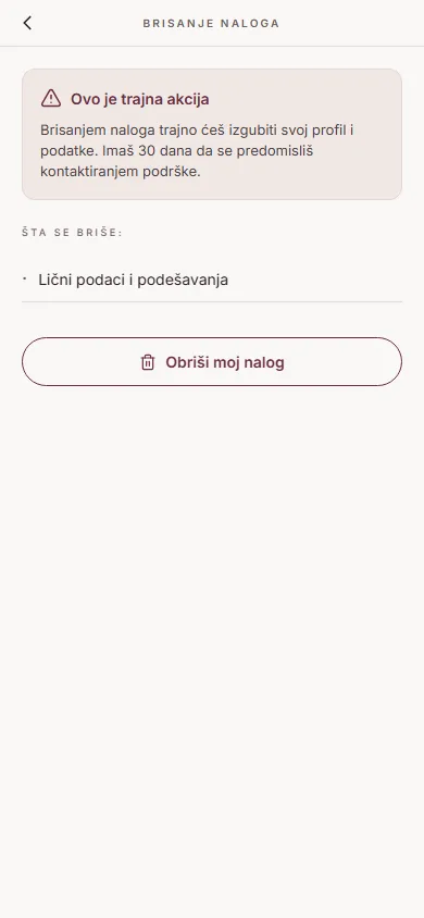 Ekran za brisanje naloga sa upozorenjem