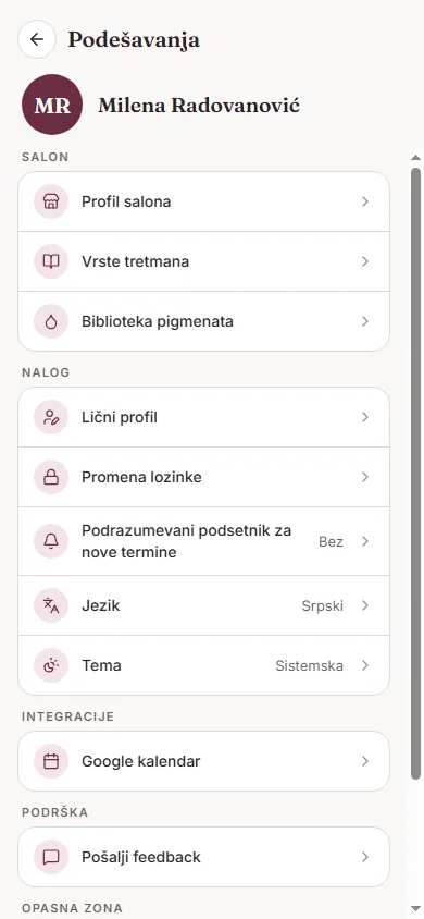 Ekran Podešavanja sa sekcijama Salon, Nalog, Integracije, Podrška i Opasna zona