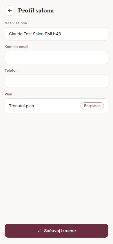 Ekran podešavanja profila salona