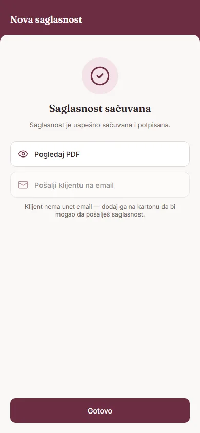 Poruka da je saglasnost sačuvana i potpisana