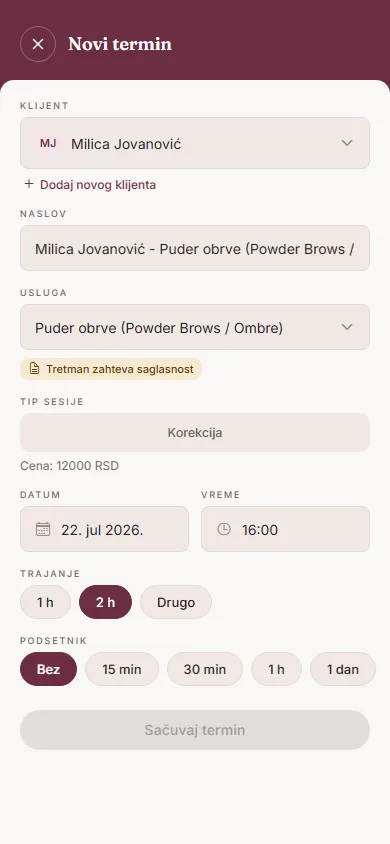 Forma za zakazivanje novog termina